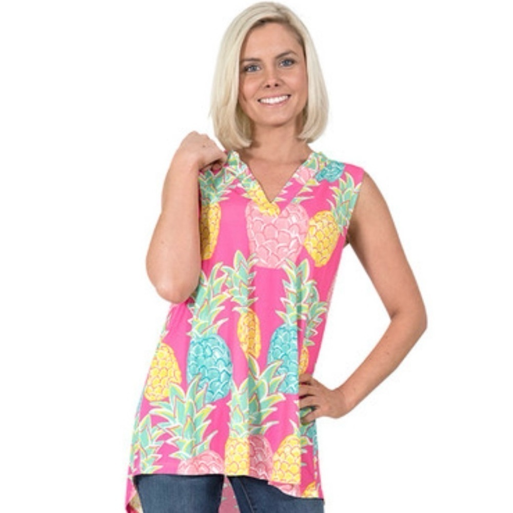 Simply Southern Women's S Pink Pineapple Print Sleeveless Tank Top